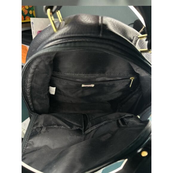 Black Faux Leather Backpack With Gold Hardware Zipper Pockets & Adjustable Strap - Picture 7 of 14